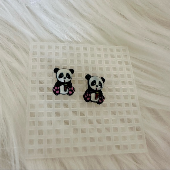 Cute Enamel Panda Small Stud Pierced Earrings, Pair - Picture 2 of 5